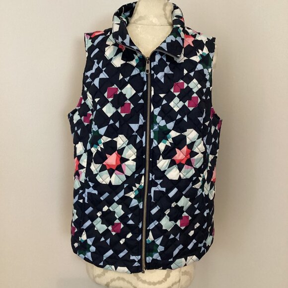 NWT CHRISTOPHER & BANKS WOMEN'S NAVY PRINT QUILTED FULL ZIP VEST LARGE OUTDOORS - Picture 1 of 3